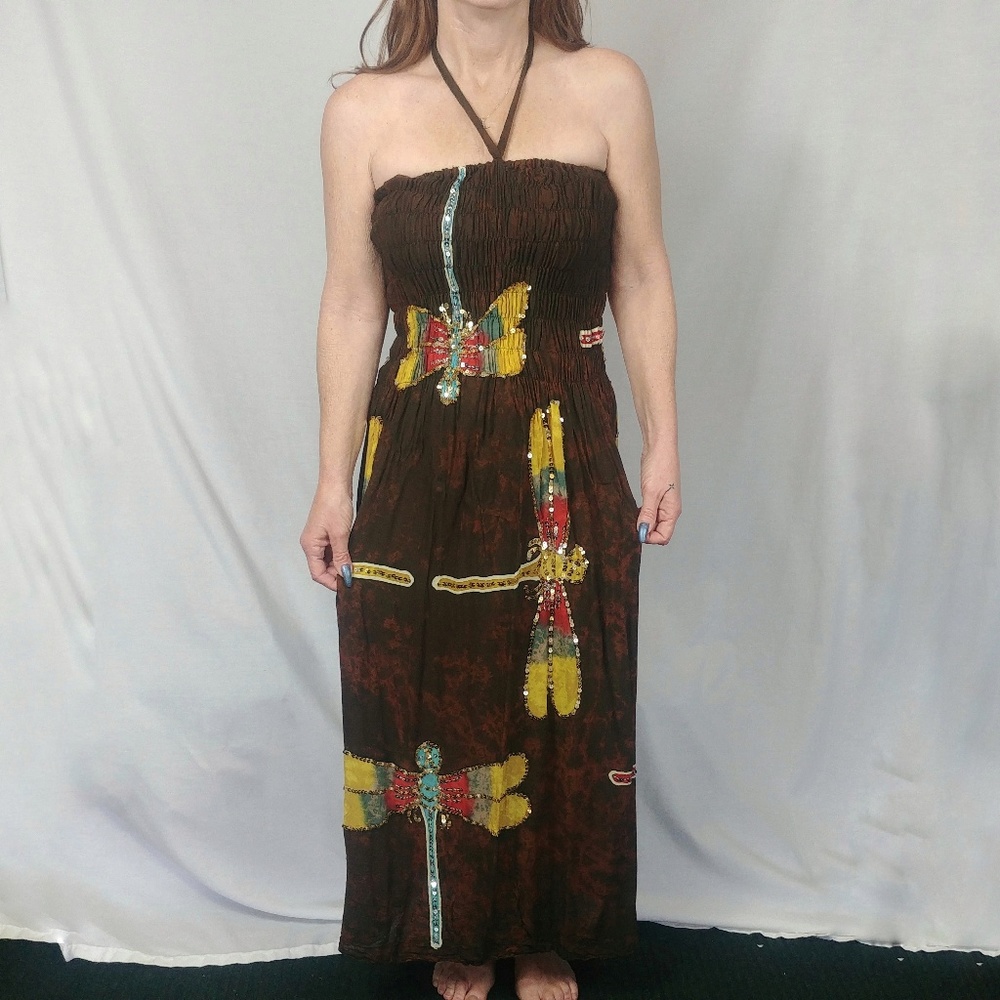 Boho Dragonfly Brown Tie-Dye Flowing Hippie Dress